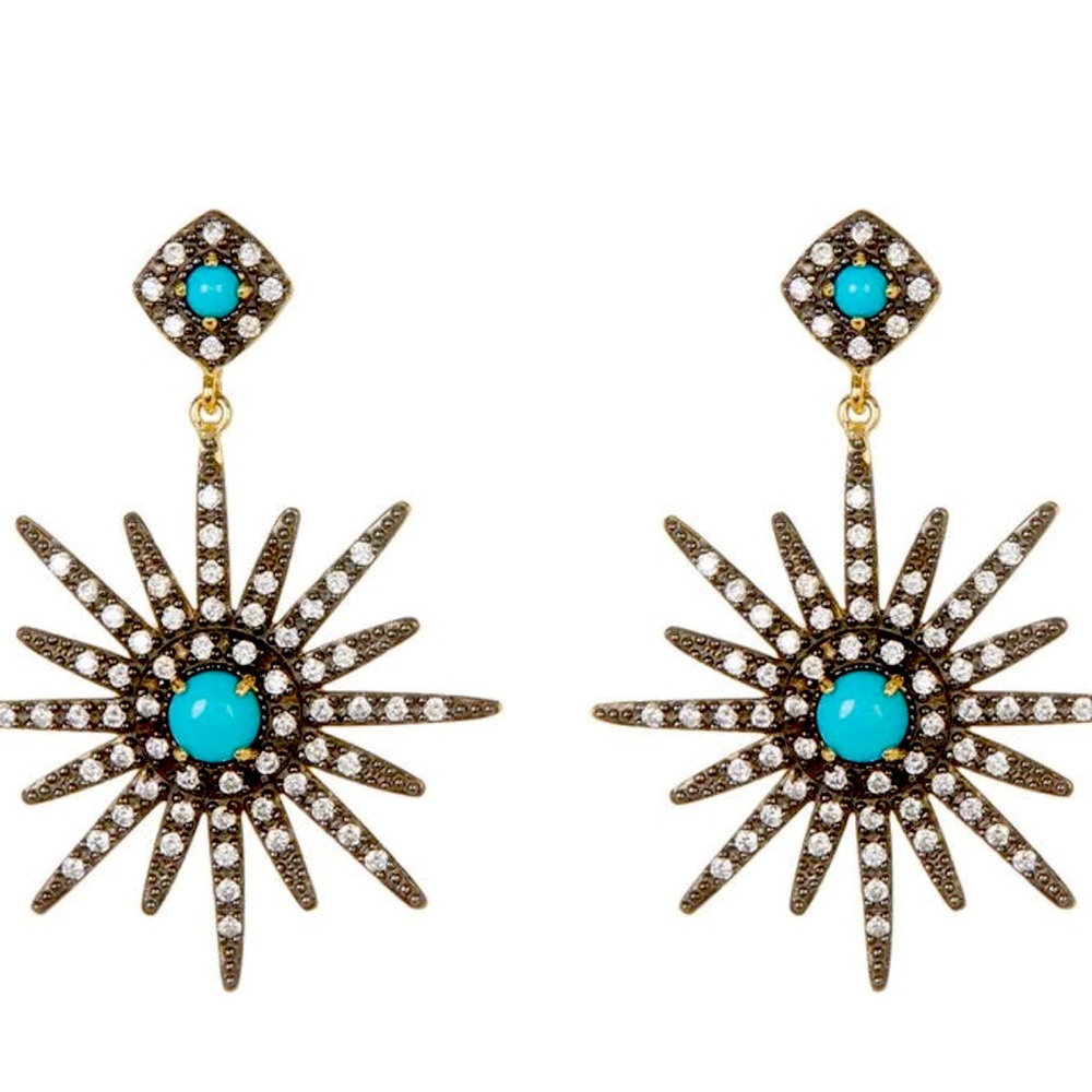 14k Yellow Gold Plated Turquoise & Swarovski Crystal Starburst Earrings NWT